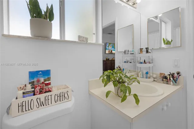 a bathroom with a sink a mirror and a window