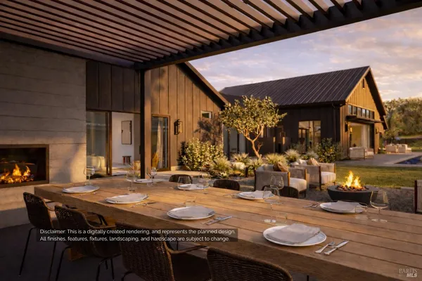 a outdoor space with furniture and a fireplace