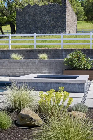a view of swimming pool with outdoor seating and plants