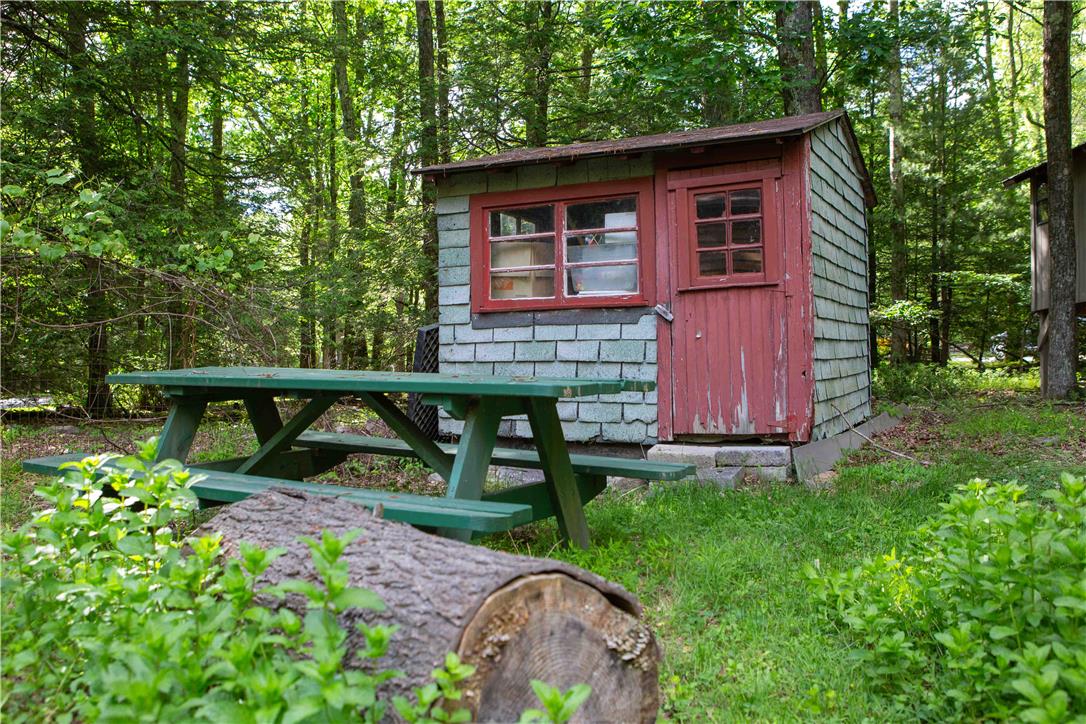 8 Cross Rds Drive Jim Thorpe, PA 18229 - Photo 24 of 32 A rustic shed, nestled amongst dense trees, offers a quaint outdoor retreat with a picnic table nearby.
