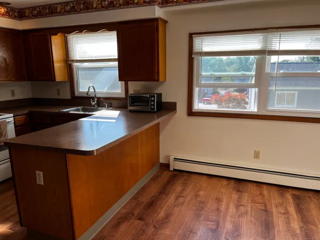 a kitchen with wooden cabinets and a sink
