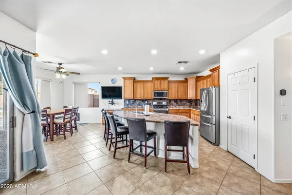 a view of a dining room with furniture