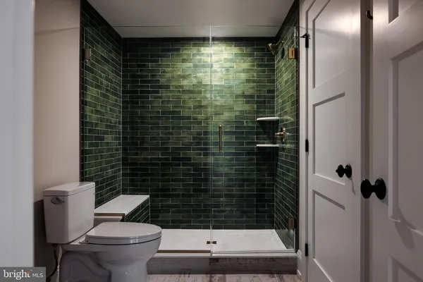 a bathroom with a toilet and a shower