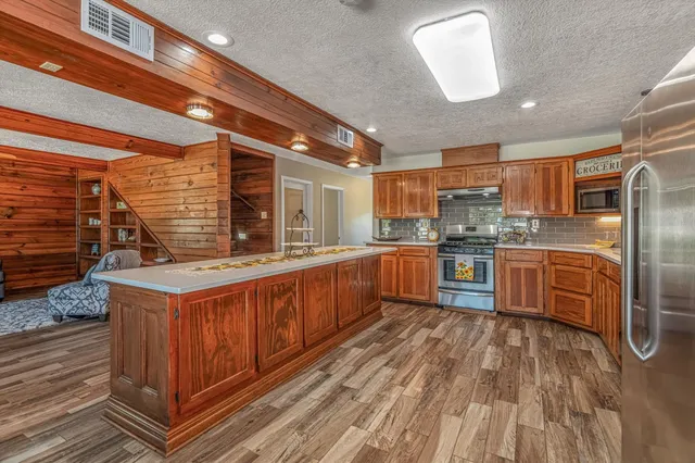 a dining room with large window
