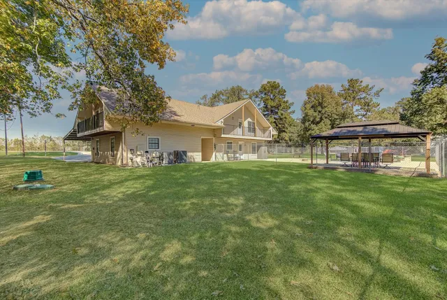 a view of a park with large trees