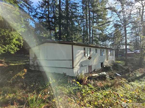 a backyard of a house with plants and wooden fence