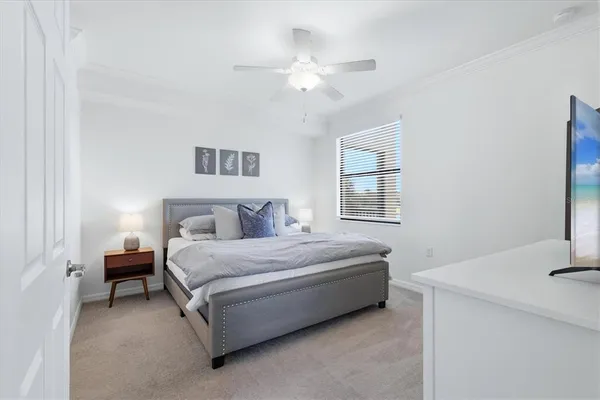 a bedroom with a bed and a chandelier