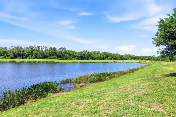 a view of a lake with a big yard