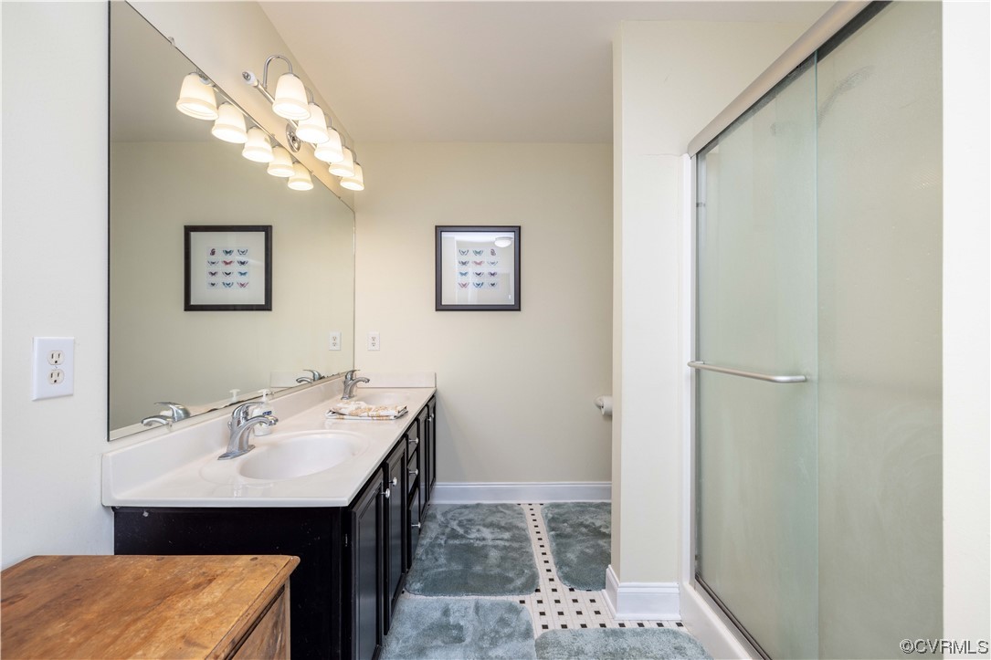 16211 River Road Chesterfield, VA 23838 - Photo 24 of 40 a bathroom with a sink a mirror and a shower