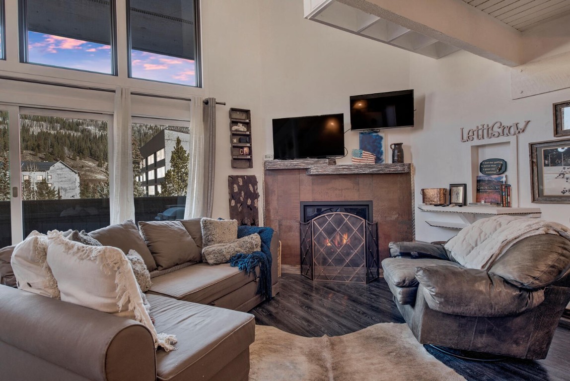 78 Guller Road, Unit 201 Copper Mountain, CO 80443 - Photo 6 of 41 a living room with furniture a flat screen tv and a fireplace