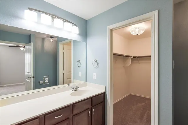 a bathroom with a sink a mirror a vanity and a shower