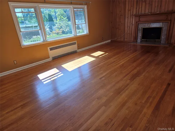 a view of empty room with wooden floor and fireplace