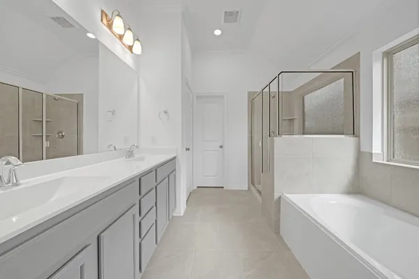 a bathroom with a double vanity sink a toilet a mirror and shower