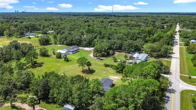 an aerial view of residential houses with outdoor space and trees