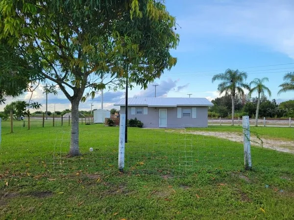 a view of a house with backyard and a tree