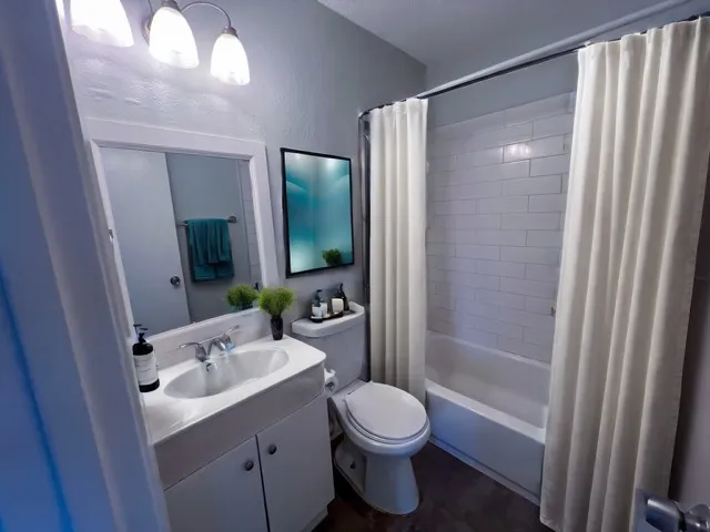 a bathroom with a bathtub shower sink vanity and toilet