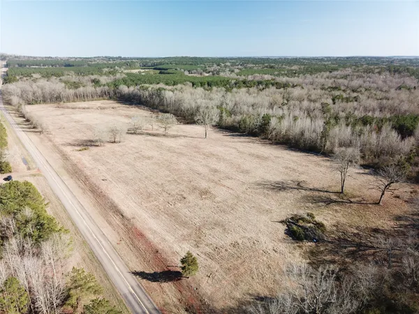 a view of a dry field with trees in background
