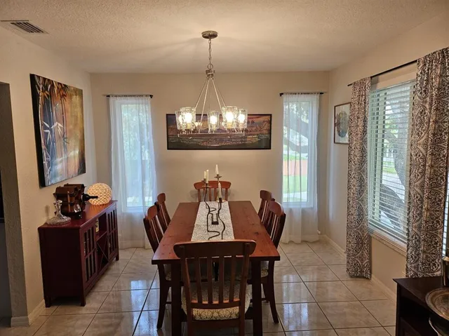 a view of a dining room with furniture window and outside view