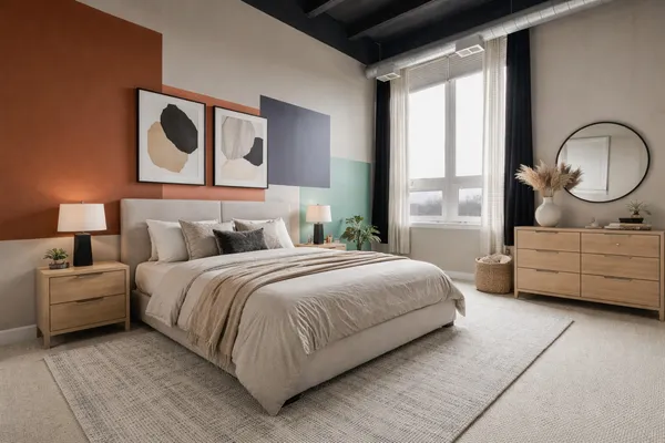 a bedroom with a bed mirror and window