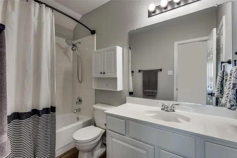 a bathroom with a sink a toilet a mirror and shower curtain