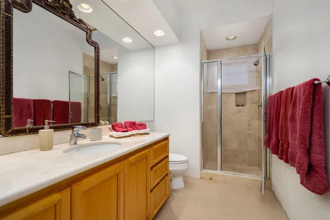 a bathroom with a sink vanity mirror and shower