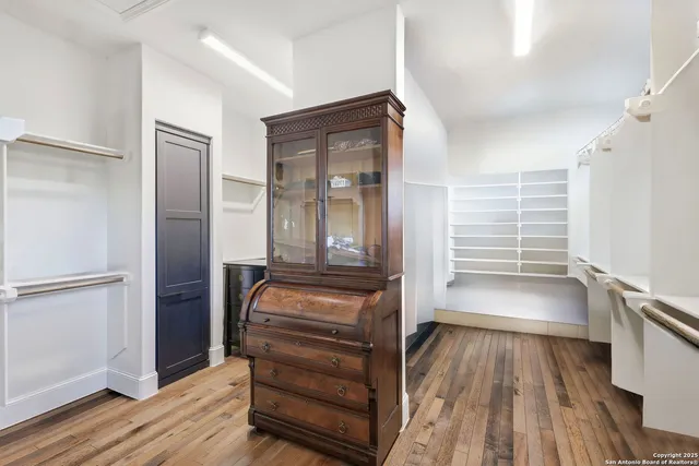 a spacious bedroom with a bed and a potted plant on the wall