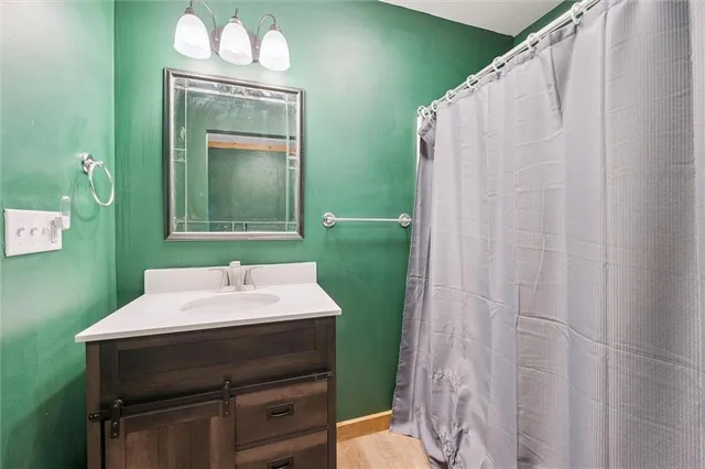 a bathroom with a sink a mirror and a shower