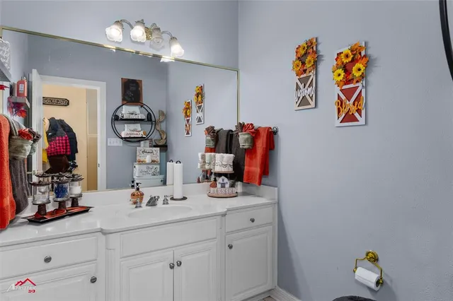 a bathroom with a sink mirror and vanity