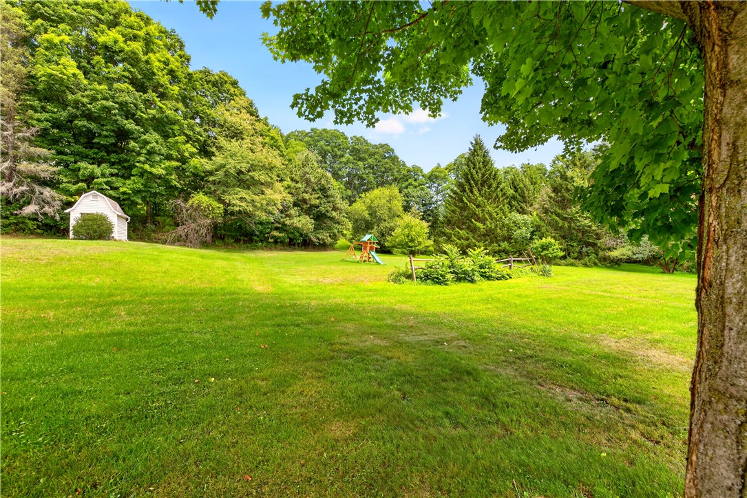 7780 Cold Springs Road Bath, NY 14810 - Photo 50 of 50 Mature trees frame a grassy lawn featuring an outbuilding and playground set.