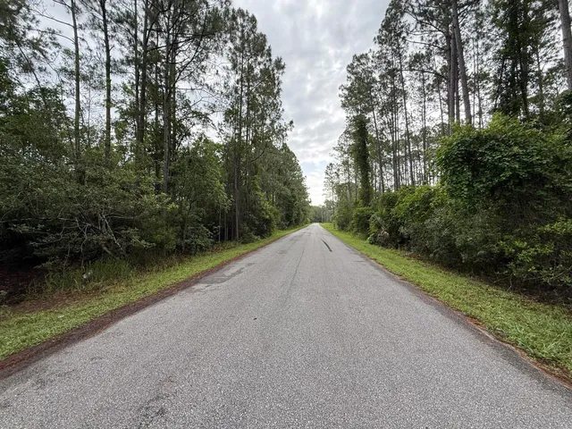 a view of a green field with trees in the background