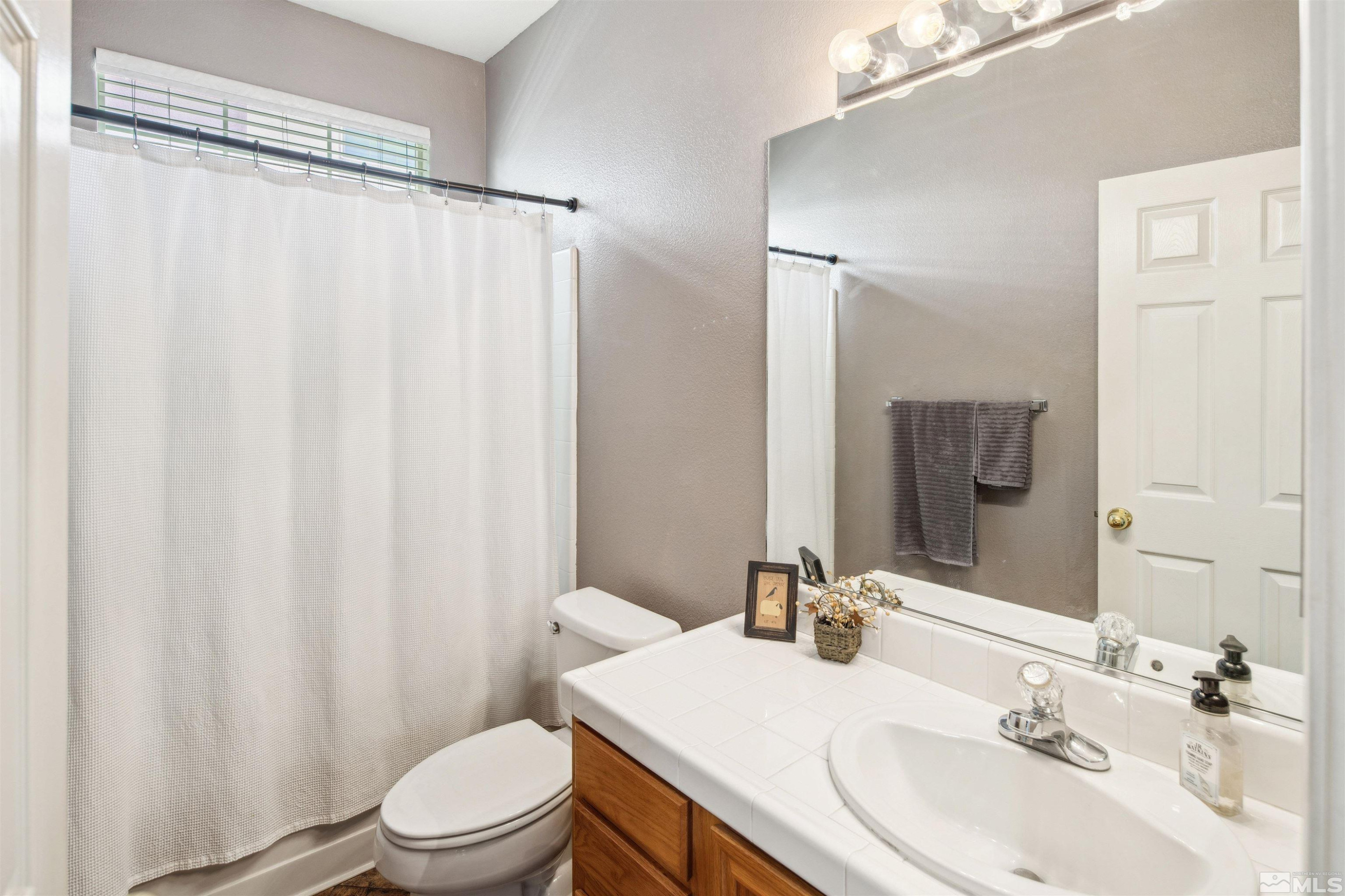 1236 Tule Drive Reno, NV 89521 - Photo 17 of 31 a bathroom with a sink a toilet and shower curtain