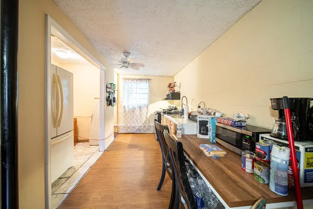 a view of a dining room with furniture