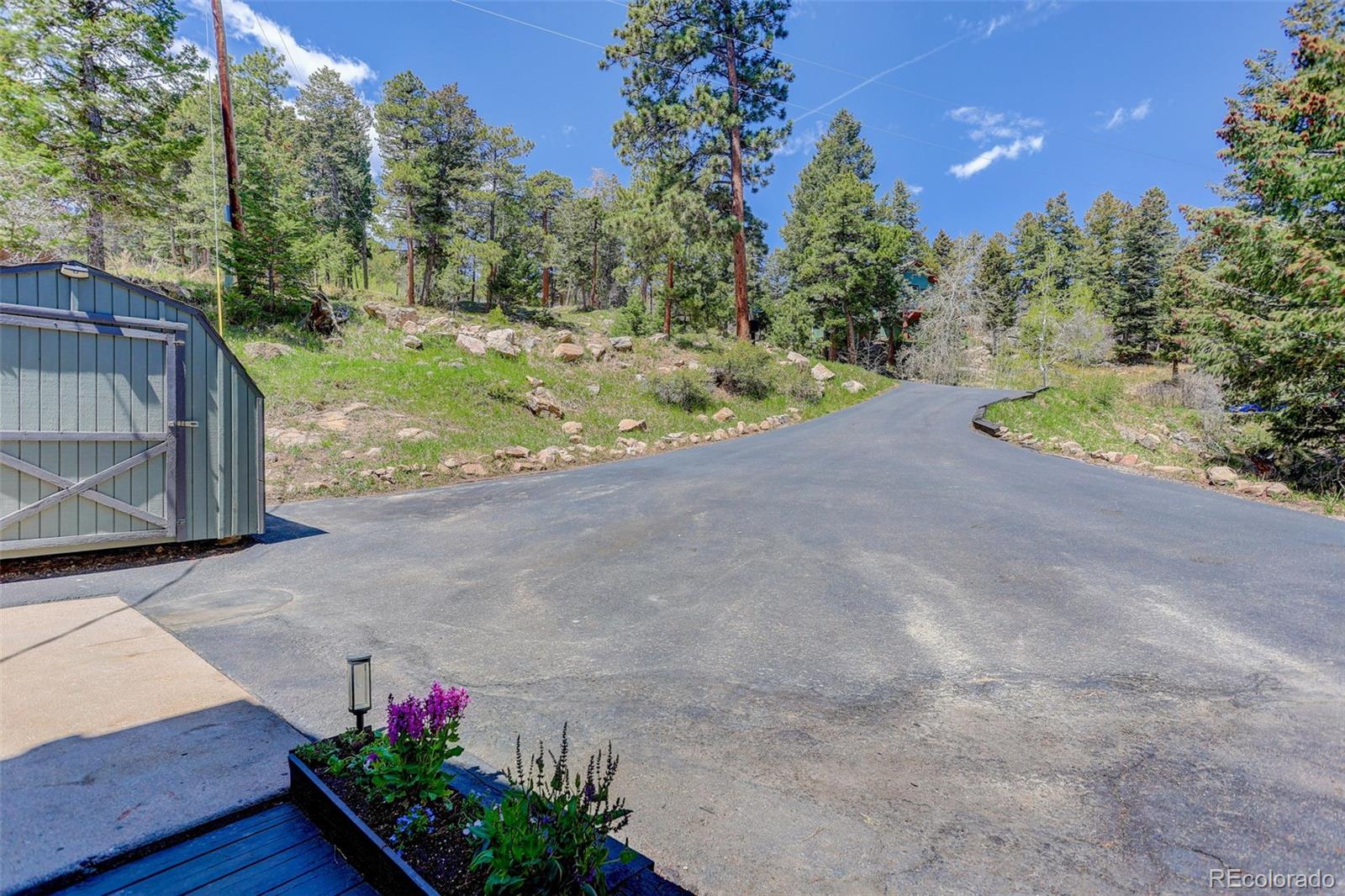 8515 Doubleheader Ranch Road Morrison, CO 80465 - Photo 3 of 42 a view of a backyard with potted plants and large trees