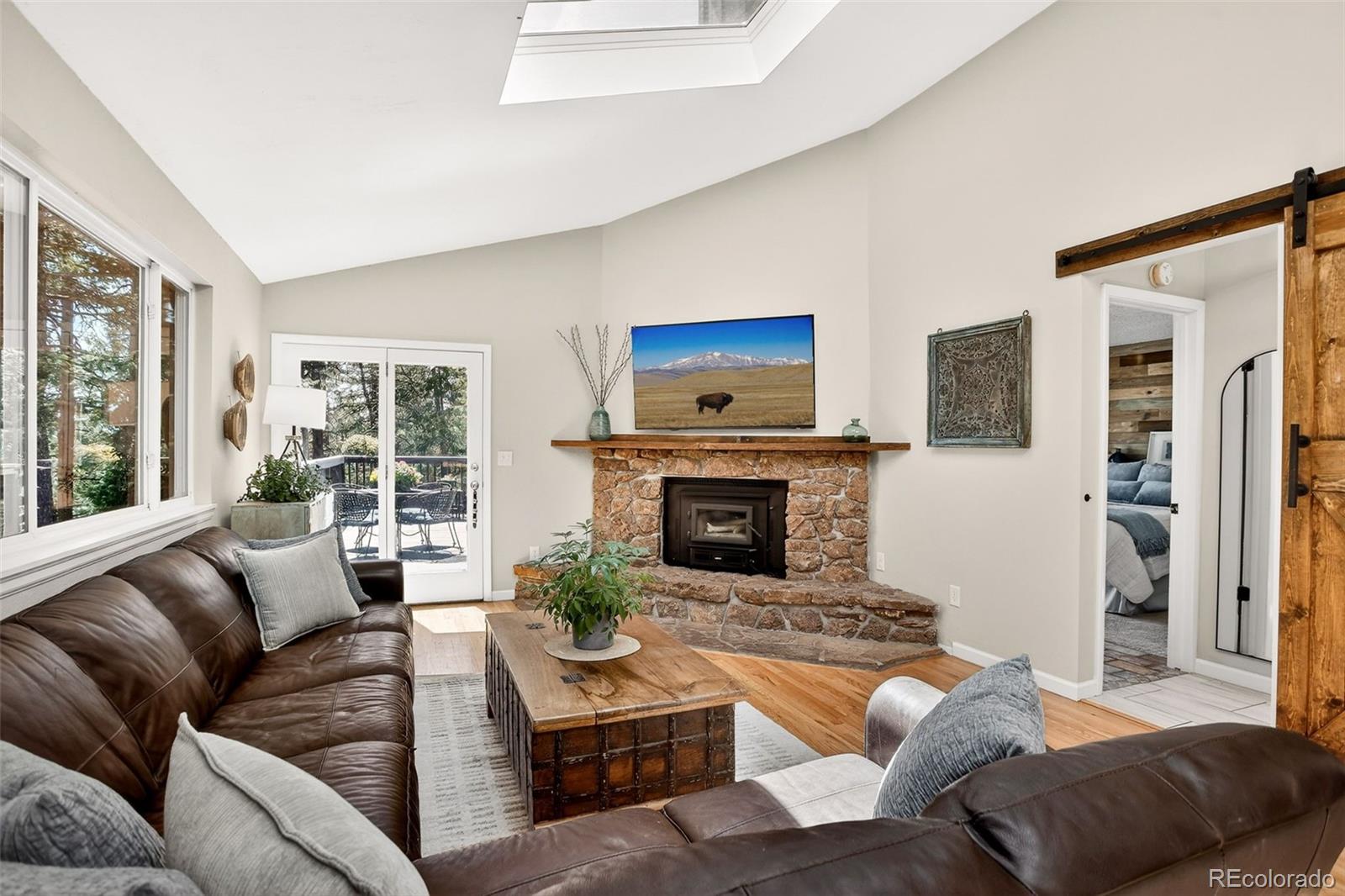 8515 Doubleheader Ranch Road Morrison, CO 80465 - Photo 5 of 42 a living room with furniture a flat screen tv and a fireplace