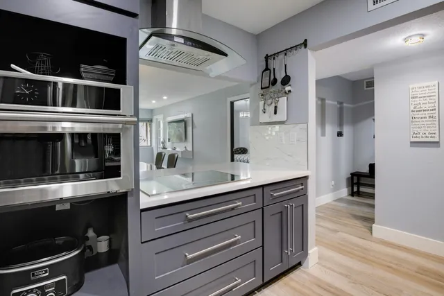 a kitchen with stainless steel appliances a stove and cabinets