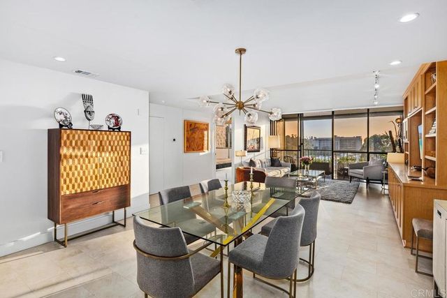 a view of a dining room with furniture