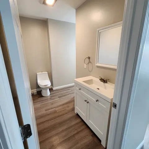 a bathroom with a sink a toilet and a mirror