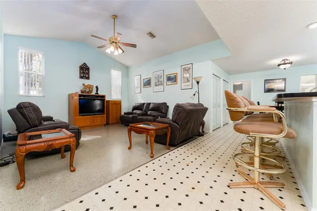 an aerial view of residential houses with outdoor space and trees