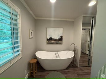 340 Willow Ridge Circle Centerville, UT 84014 - Photo 15 of 32 Freestanding soaking tub with floor-mounted faucet, plantation shutters, and wood-finish flooring