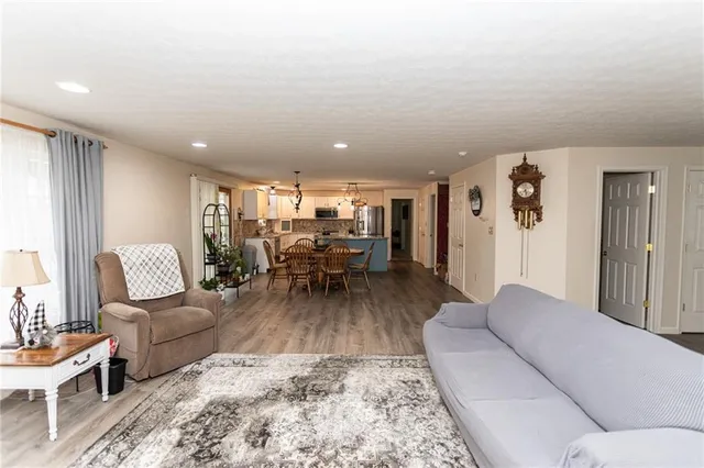 a view of a dining room with furniture