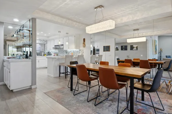 a view of a dining room with furniture