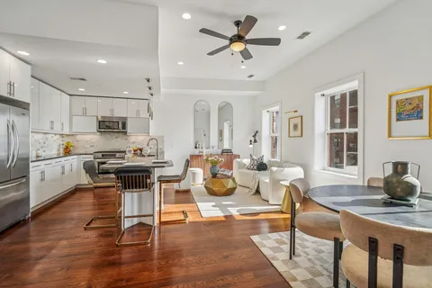 a city view with tall buildings