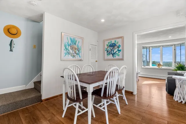 a view of a dining room with furniture window and wooden floor