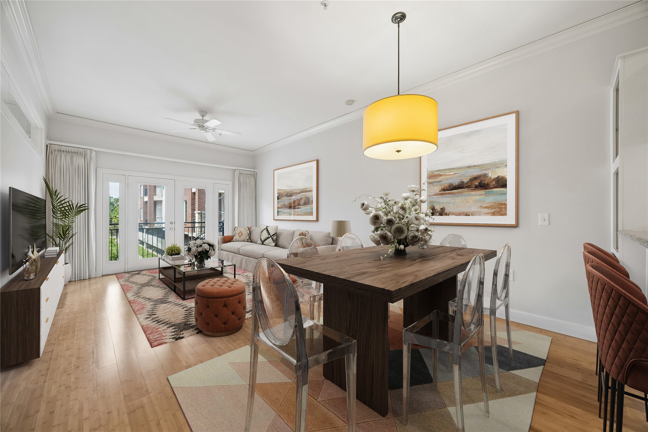 100 Willard Street, Unit 15 Houston, TX 77006 - Photo 1 of 25 Spacious open concept living and dining area with fresh interior paint, bamboo flooring, oversized windows and doors, and access to a private balcony. *virtually staged*