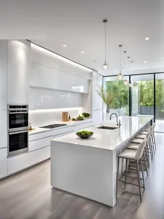 a kitchen with kitchen island a large counter top space appliances and a counter top space