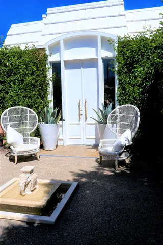 a view of a garden with a slide