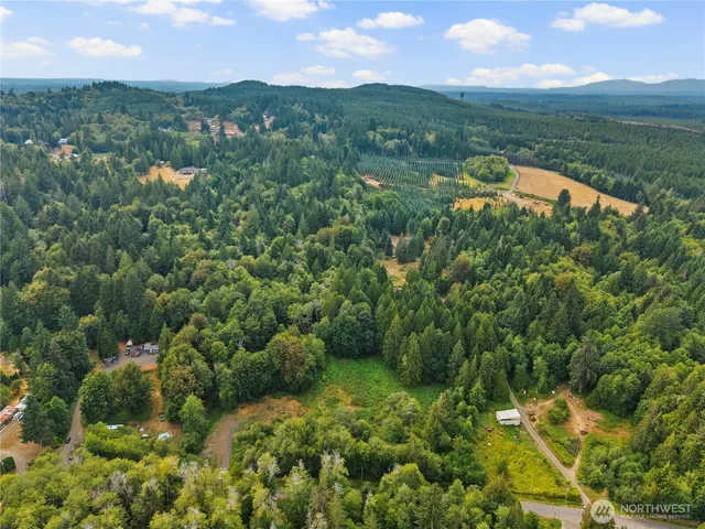an aerial view of residential houses with outdoor space and trees