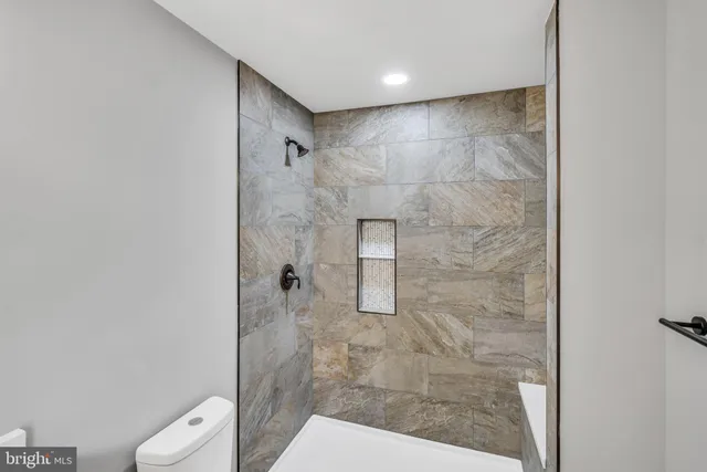 a bathroom with a shower and a toilet