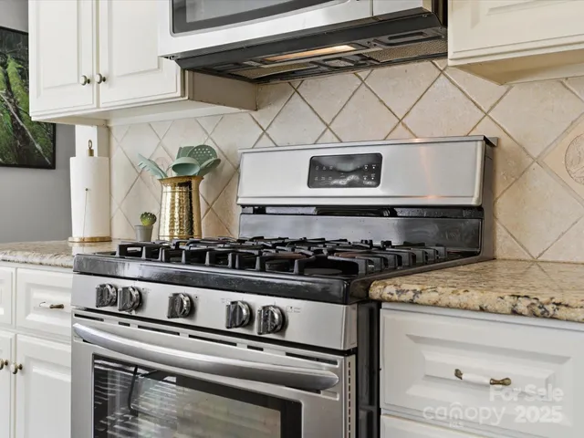 a close view of a stove and a microwave