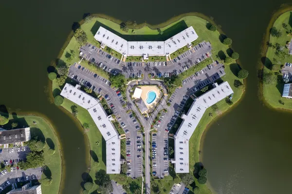 an aerial view of a swimming pool